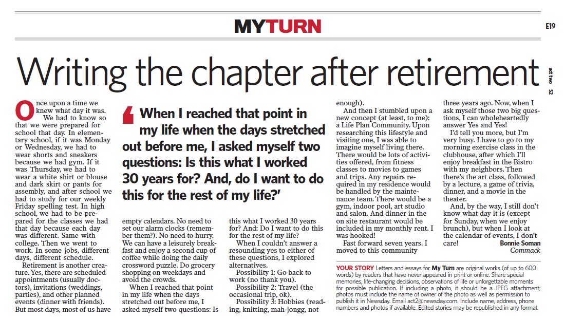 Writing the Chapter After Retirement Bonnie Soman Fountaingate Gardens Life Plan Community Commack NY